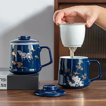 Бытовая керамическая чашка из трех частей, кружка с золотой росписью и крышкой, фильтрующий чай, отдельная чашка для чая и приготовления чая