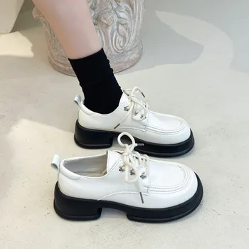 Модная женская обувь 2023 года, Новые женские туфли-лодочки на шнуровке, осенняя женская обувь Mary Jane на среднем каблуке с круглым носком, повседневные лоферы на платформе