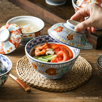 Керамическая миска для тушения, кастрюля для тушения, маленькая миска для супа с крышкой, домашняя миска для риса, керамическая миска для смешивания, японская посуда, миска для рамена
