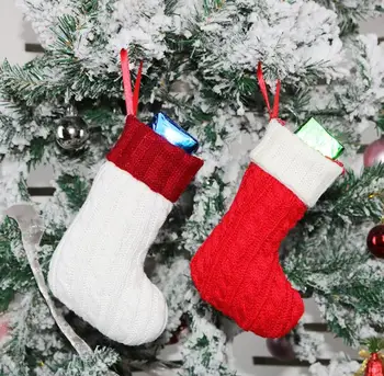 Рождественский чулок, вязаные красно-белые чулки, пушистые носки Санта Клауса, подарочный пакет для рождественской елки в виде снежинок SN1574