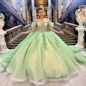 От Кутюр, Блестящее Зеленое Пышное Платье в виде Сердечка С Открытыми плечами, Расшитое бисером И Цветочной Аппликацией, Vestidos De 15 Anos, Бальное Платье