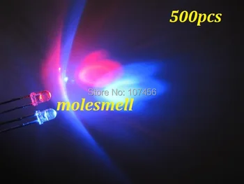 500шт, 3 мм Двойная Двухцветная Полярная Сменная красная /синяя светодиодная вода прозрачные Светодиоды 2-Контактный светодиодный светильник