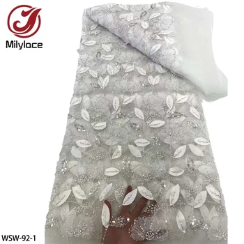 Роскошная расшитая бисером 3D тюлевая кружевная ткань с пайетками Африканская кружевная ткань для женского платья WSW-92