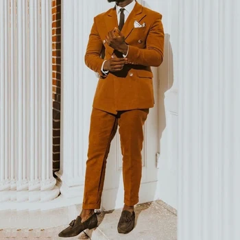 Двубортный лацкан с острыми краями Оранжевый Плоский Обычный мужской костюм Повседневная куртка из 2 предметов Брюки Элегантная мужская одежда в английском стиле