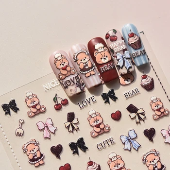 Прекрасный шоколадный торт, хлеб, Бант, Медведь, 5D Рельефные рельефы, самоклеящиеся наклейки для дизайна ногтей, милые 3D наклейки для маникюра Оптом