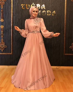 Высокий вырез, Роскошные Аппликации, Мусульманские вечерние платья с длинным рукавом, Женский Хиджаб для официальных вечеринок, Арабский халат-кафтан