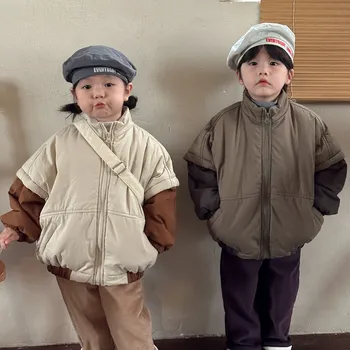 Детские теплые парки На зиму Для маленьких мальчиков, флисовая утепленная хлопковая куртка для девочек, контрастное пальто с хлопковой подкладкой, детская верхняя одежда