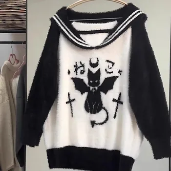 Японский Свободный Гранж Зимний Черный принт Контрастного цвета, женские свитера, пуловеры с длинным рукавом, милые шикарные модные джемперы