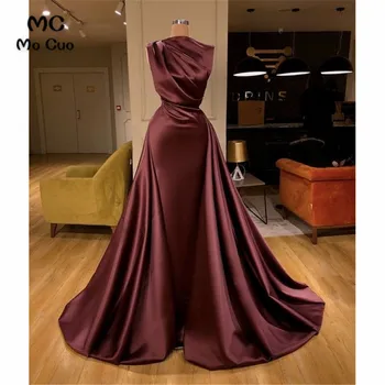 Элегантное бордовое вечернее платье для выпускного вечера с длинным шлейфом в складку, блестящие атласные вечерние платья на молнии сзади для женщин