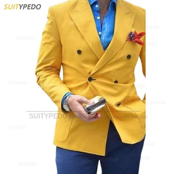 Новейшая желтая мужская куртка 2023 года, повседневные занятия, модный блейзер, вечерний ужин, мужские элегантные костюмы, классическое пальто с отворотом