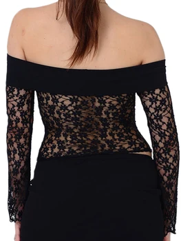 Женский кружевной укороченный топ с открытыми плечами, элегантная прозрачная блузка с длинным рукавом для клубной одежды
