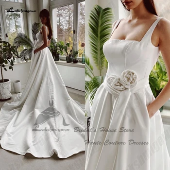 Скромное атласное свадебное платье Lakshmigown с квадратным вырезом, скромное свадебное платье из атласа для женщин 2023, простые пляжные платья для новобрачных, вечерние платья с карманами