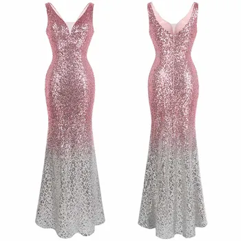 Angel-fashions/ Женские длинные платья Макси с двойным V-образным вырезом и сетчатой вставкой, светоотражающие, с блестящими градиентными пайетками, вечернее платье для вечеринки