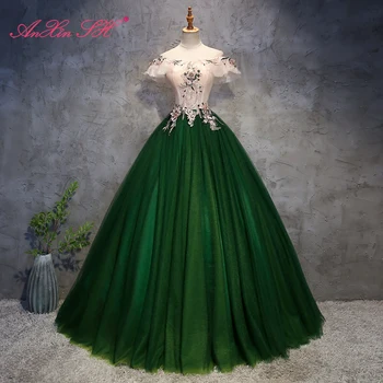 AnXin SH Vintage princess stage зеленое кружевное платье с цветочными оборками и вырезом лодочкой, бальное платье для хостинга, вечернее платье для вечеринки с кристаллами, расшитое бисером,