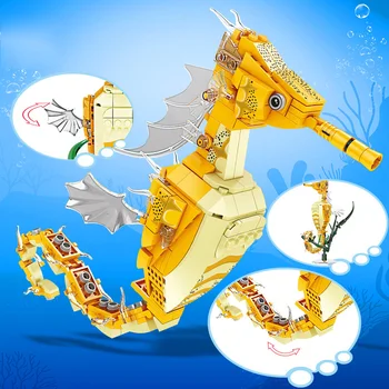 Забавная модель животного мира океана Морской конек Акула Рыба-клоун Украшения офисного стола Строительные блоки Кирпичи Игрушки Подарки Детские игрушки