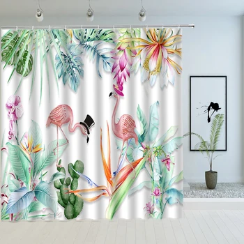 Занавески для душа с тропическим фламинго, Садовый цветок гибискуса, принт растений, водонепроницаемая ткань с крючками, ширма для ванны, декор ванной комнаты