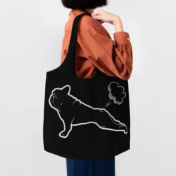 Сумки для покупок с милым принтом французского Бульдога для йоги, многоразовые холщовые сумки для покупателей, сумки через плечо, подарки