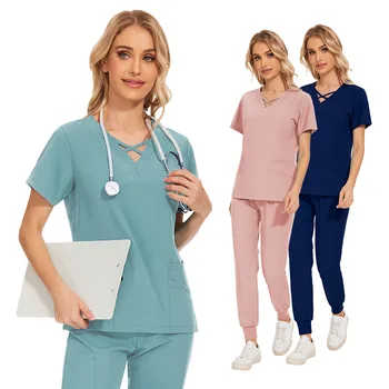 Женская медицинская униформа, комплекты медицинских халатов для врачей, эластичные больничные хирургические халаты, Топы с короткими рукавами, Брюки, Аксессуары для медсестер, Одежда