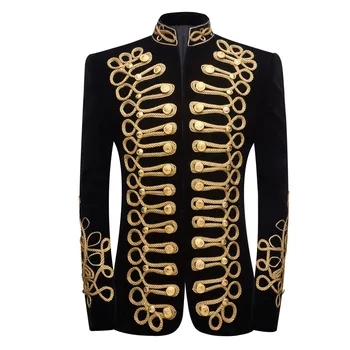 Мужская тяжелая ручная вышивка золотой веревкой, бархатный блейзер с пуговицами, военная форма, пиджак для свадебной вечеринки, сценическое представление