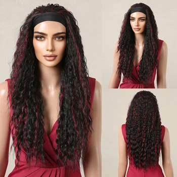 АЛАН ИТОН, черный с винно-красной изюминкой, кудрявый парик-повязка на голову, длинные синтетические накладные волосы для чернокожих женщин, повседневная вечеринка, высокая температура