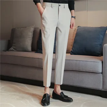 Весенне-осенние мужские деловые повседневные однотонные брюки 2022 года, прямые брюки-стрейч, подростковые узкие брюки 20-38 размеров