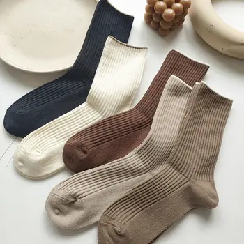 5 пар новых японских носков, комплект однотонных женских повседневных хлопчатобумажных носков, осенние простые женские носки средней длины