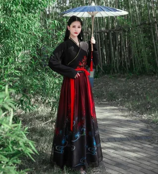 Китайское платье, Древнее Кимоно Ханфу, Черно-белое, Красное, платья ханфу, Вышивка, Боевые Искусства, Танцевальные костюмы для косплея в китайском стиле.