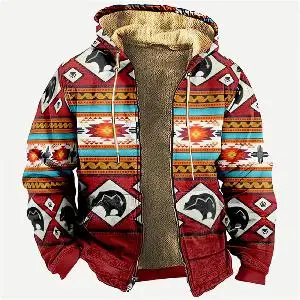 Мужские зимние винтажные красные парки с длинным рукавом и племенным рисунком, теплая куртка для мужчин / женщин, плотная одежда, уличная одежда