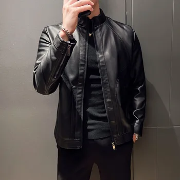 Мужская черная мотоциклетная кожаная короткая осенняя новая красивая куртка из искусственной кожи 2023 года выпуска
