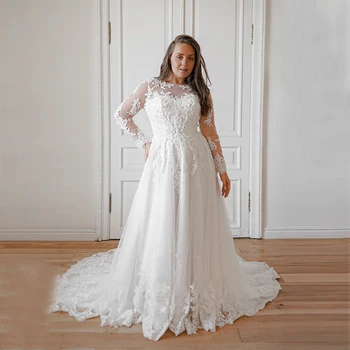 Богемное свадебное платье Плюс размер для женщины 2024 Свадебное платье трапециевидной формы с длинным рукавом и шлейфом с аппликацией Элегантное платье-халат