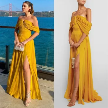 Сексуальное желтое шифоновое вечернее платье с разрезом, Трапециевидные плиссированные длинные платья для выпускного вечера для женщин, саудовские платья для женщин