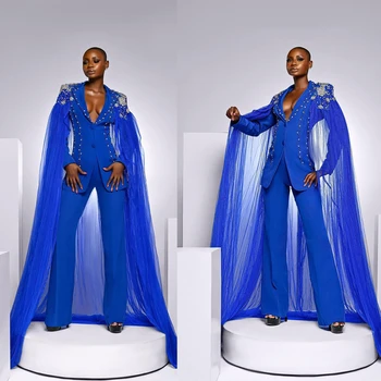 Женские брючные костюмы Королевского синего цвета С аппликацией из бисера, Свадебная одежда для гостей, Приталенные вечерние блейзеры, 2 штуки с обертками