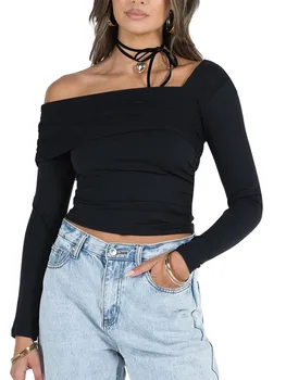 Женский укороченный топ с длинными рукавами и рюшами с открытыми плечами - стильная однотонная футболка-пуловер для уличной моды