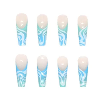 24шт Глянцевых синих накладных ногтей, гофрированных длинных балетных ногтей для женщин и девочек, искусственных ногтей, накладных ногтей NOV99