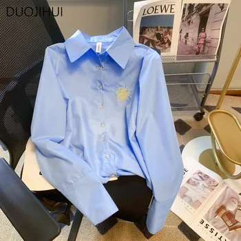 DUOJIHUI, Синяя шикарная женская рубашка с воротником-поло с вышивкой, Весенняя Новая Элегантная офисная женская модная однотонная простая женская рубашка