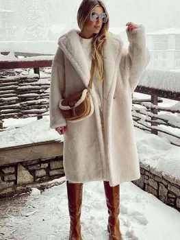 Зимняя женская повседневная куртка из овечьей шерсти, женское плюшевое пальто из толстого флиса, Негабаритная верхняя одежда с длинным рукавом, пальто Женская одежда