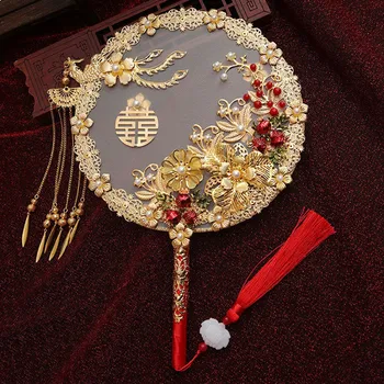 Китайские винтажные круглые веера, веер из сплава в форме Феникса, Ручной веер с золотым цветком и кисточкой, прочный веер для свадебной группы невест