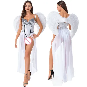 Женский сексуальный костюм ангела с крыльями из белых перьев для танцевальной вечеринки, карнавального костюма для косплея, сценического шоу, Рождественского маскарада