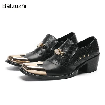Batzuzhi/ мужская обувь в итальянском стиле, модные черные мужские кожаные модельные туфли с железным носком, увеличивающие рост, деловые/вечерние туфли, US6-12!