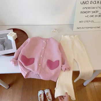 Сладкий розовый кардиган Love Knit для девочек, свитера для маленьких девочек, вязаный свитер с круглым вырезом, топы для девочек, однобортное пальто-кардиган для малышей