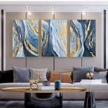 Картина маслом ручной работы на холсте, Золотая фольга, Абстрактное Текстурированное Настенное искусство Синего цвета, Подвесная картина для гостиной, спальни, домашнего декора.