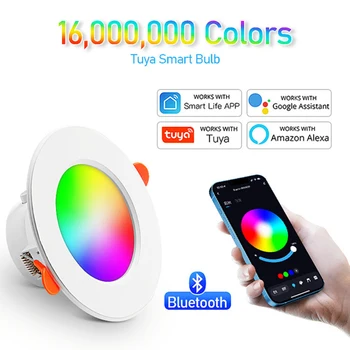 Tuya Bluetooth LED Smart Light RGBCW Затемняющий Круглый Точечный светильник 15 Вт RGB Меняющий цвет Теплый Холодный свет Alexa Google Home Vocie