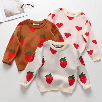 Детские Свитера для девочек, вязаный свитер с длинным рукавом и принтом клубничного сердца, осенний детский пуловер для девочек, свитера, детская одежда