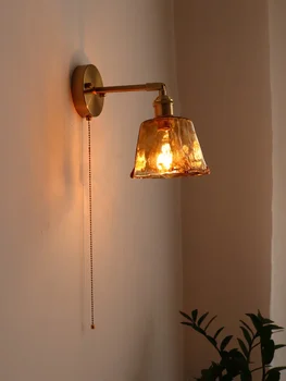 Латунный стеклянный настенный светильник в японском стиле в стиле Ретро, Прикроватная лампа для спальни, Гардеробная для ванной комнаты, настенные лампы с выдвижным выключателем