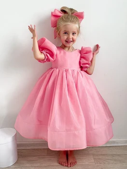 Розовое платье в цветочек с пышными рукавами и прической для девочек, праздничное платье для дня рождения, детское платье, платья для свадебных вечеринок
