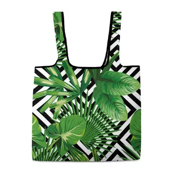 Портативная складная сумка для покупок в черно-белую полоску с зелеными листьями, моющаяся продуктовая сумка по индивидуальному заказу