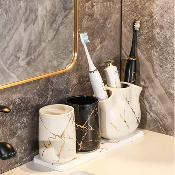 Скандинавские принадлежности для ванной комнаты Ceramic Star Series Аксессуары для ванной комнаты Дозатор мыла, Держатель зубной щетки / поднос Для украшения ванной комнаты