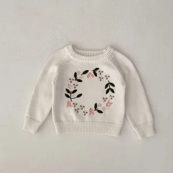 Осенний Детский вязаный пуловер для мальчиков и девочек, детский свитер с цветочной вышивкой, детский хлопковый трикотажный костюм, повседневные топы для младенцев